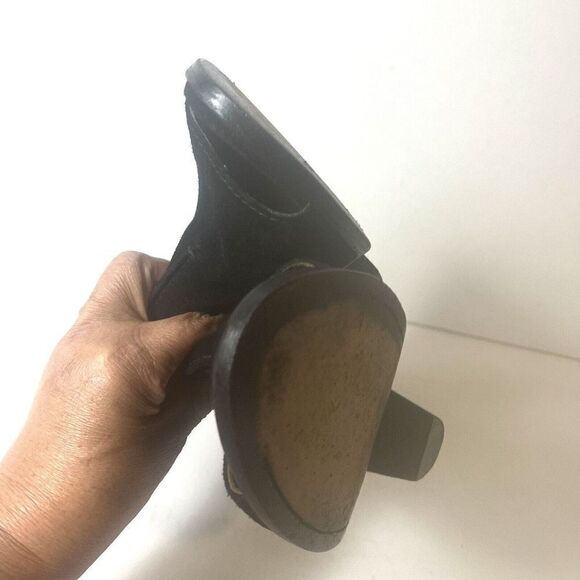 Frye Black Suede Ankle Bootie High Heels Wrap Women's Size 8.5 B Peep Toe Buckle - Picture 7 of 11